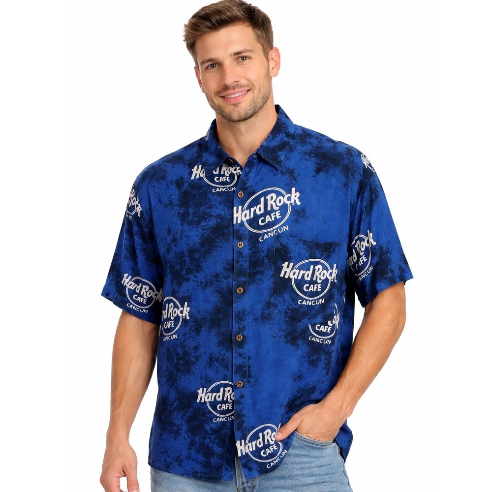 Hard Rock Cafe Button Up Mens XL Blue Tie Dye Cancun Logo Rayon Short Sleeve Top